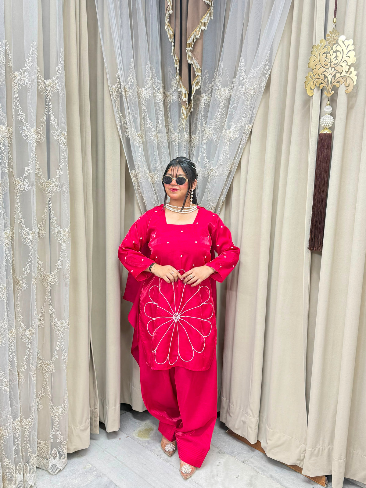 RED FLOWER DESIGNER 3PC SUIT WITH BEADS DUPATTA