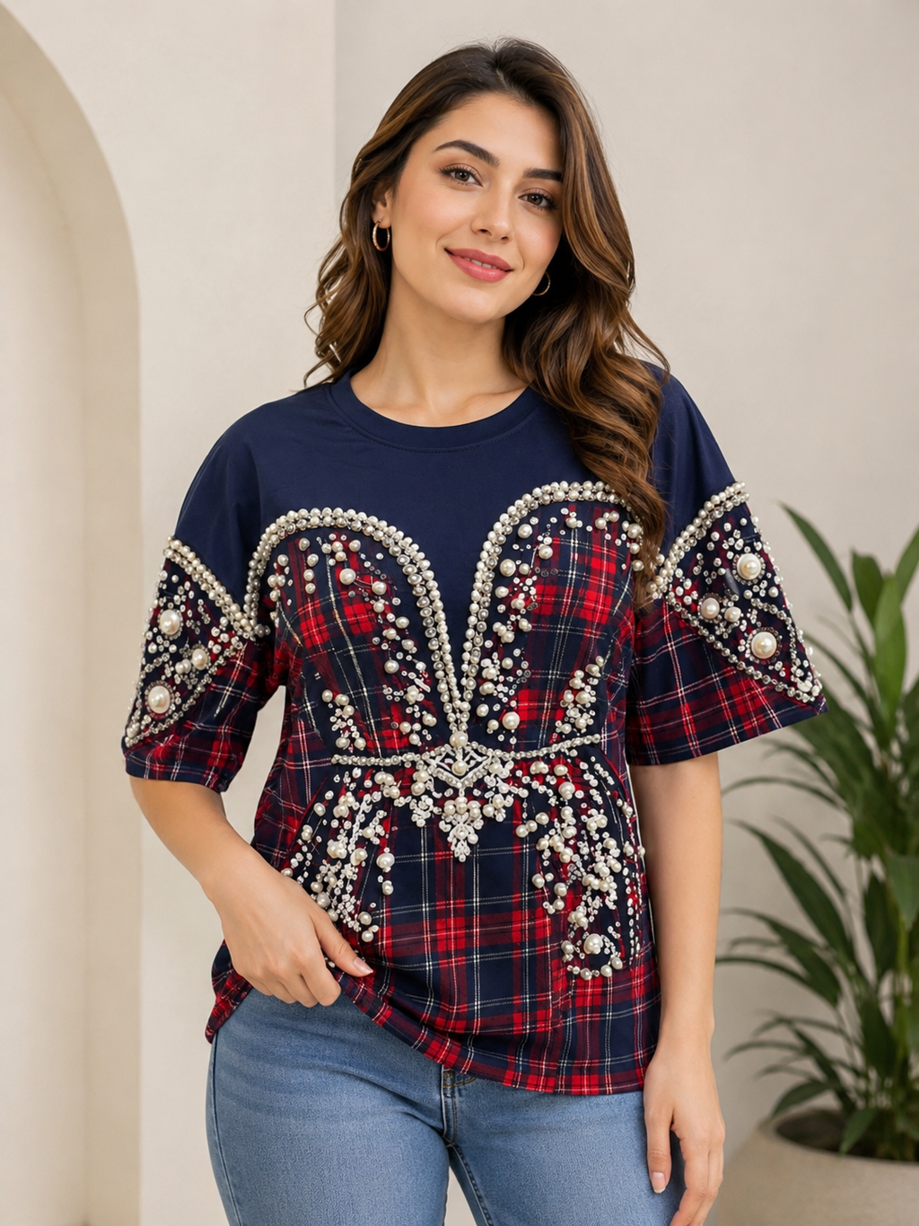 Navy Blue Pearl Embellished Designer T-Shirt