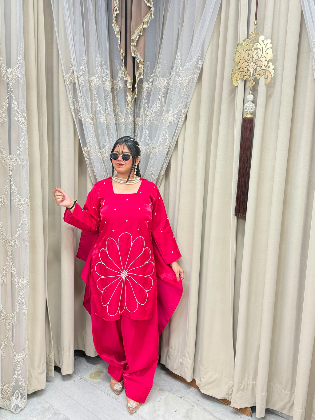 RED FLOWER DESIGNER 3PC SUIT WITH BEADS DUPATTA