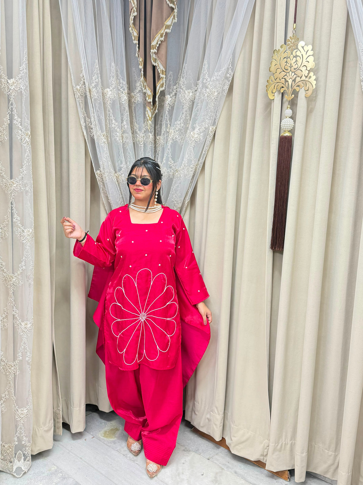 RED FLOWER DESIGNER 3PC SUIT WITH BEADS DUPATTA