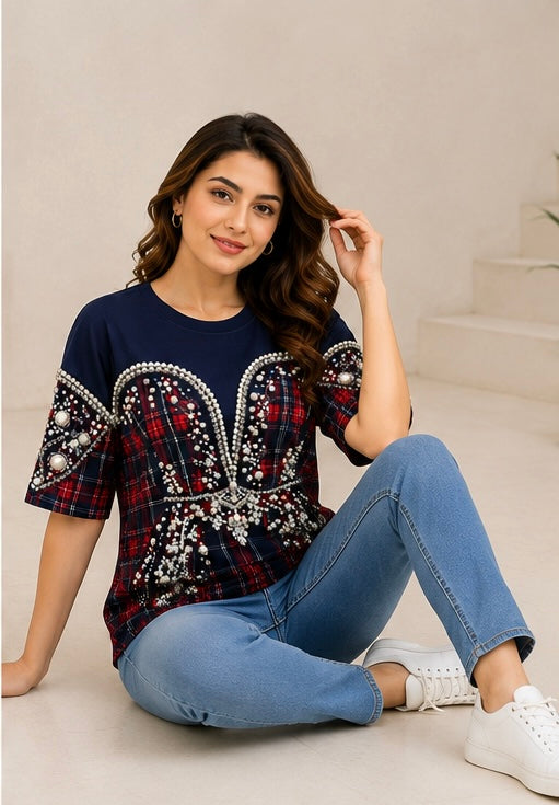 Navy Blue Pearl Embellished Designer T-Shirt