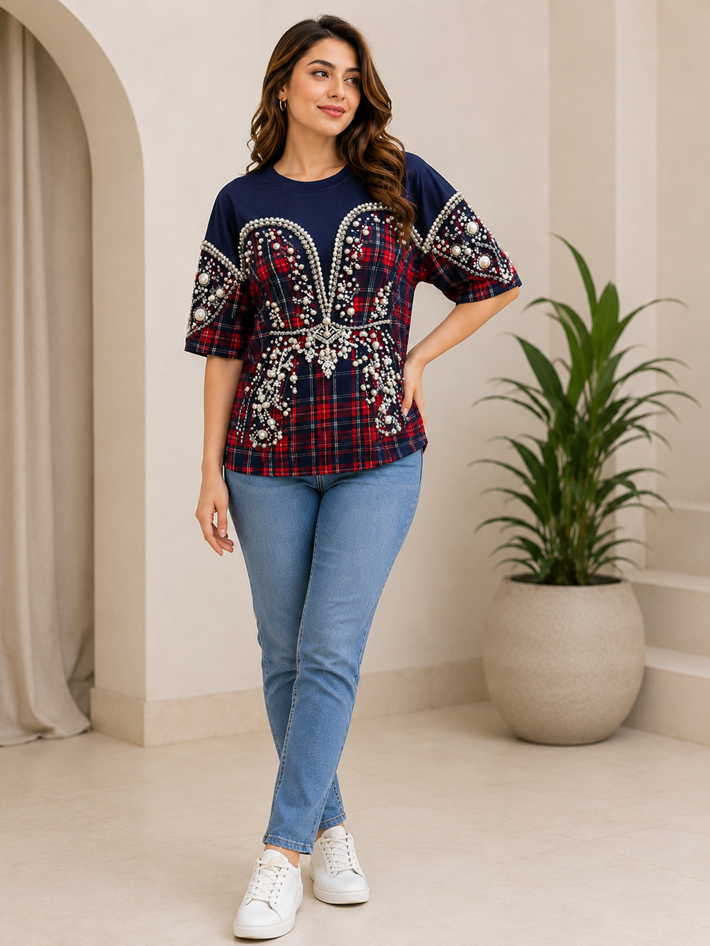 Navy Blue Pearl Embellished Designer T-Shirt