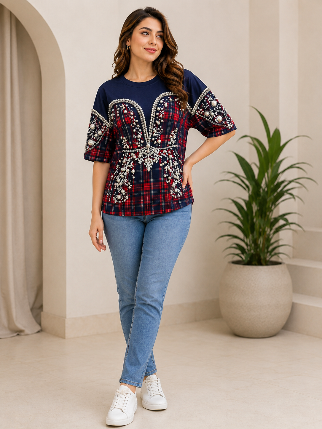 Navy Blue Pearl Embellished Designer T-Shirt