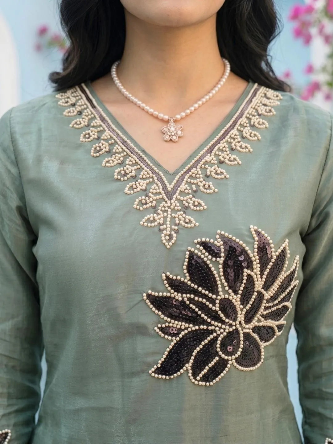 GREEN CORDSET WITH HANDWORK