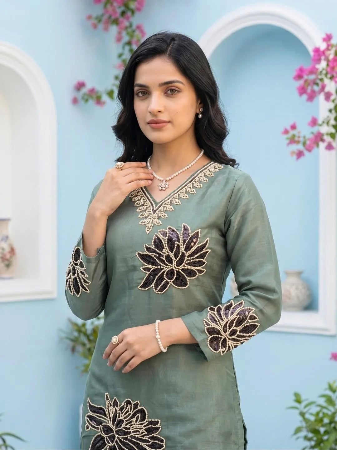GREEN CORDSET WITH HANDWORK