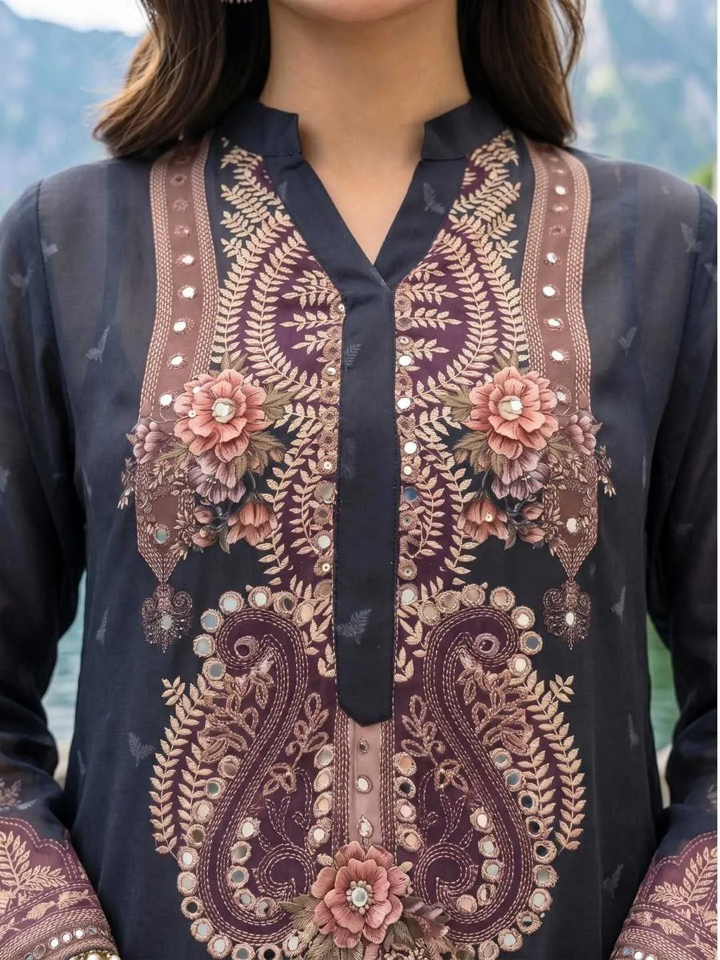 BLACK CREPE CORD SET WITH MIRROR WORK