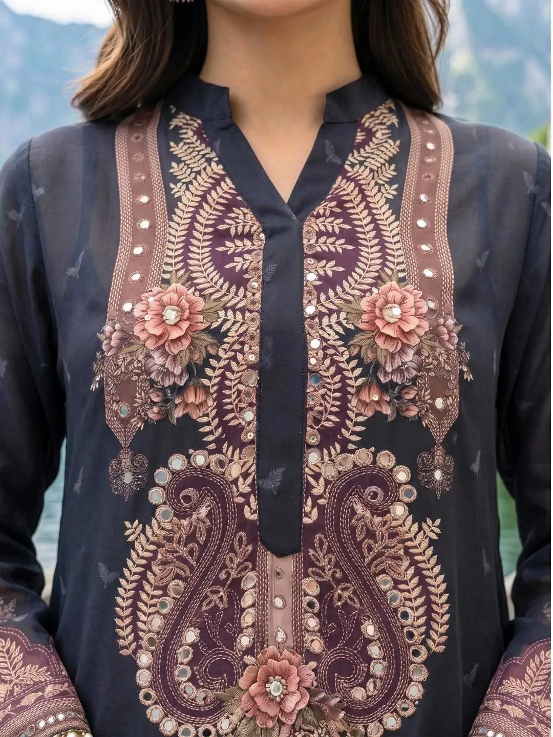 BLACK CREPE CORD SET WITH MIRROR WORK