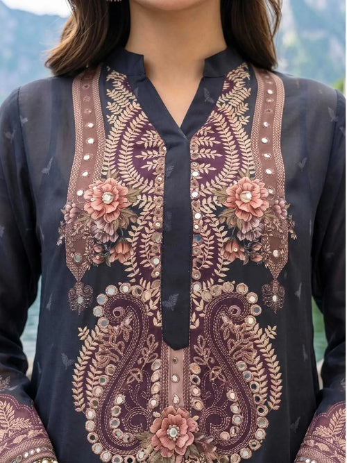 BLACK CREPE CORD SET WITH MIRROR WORK