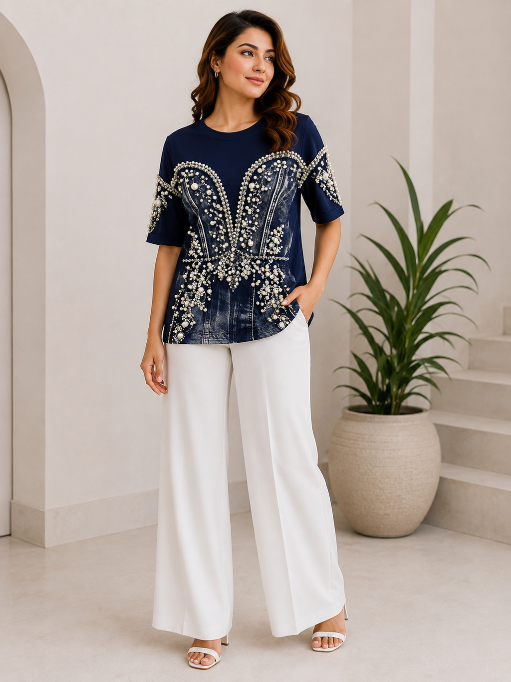 Navy Blue Pearl Embellished Designer T-Shirt