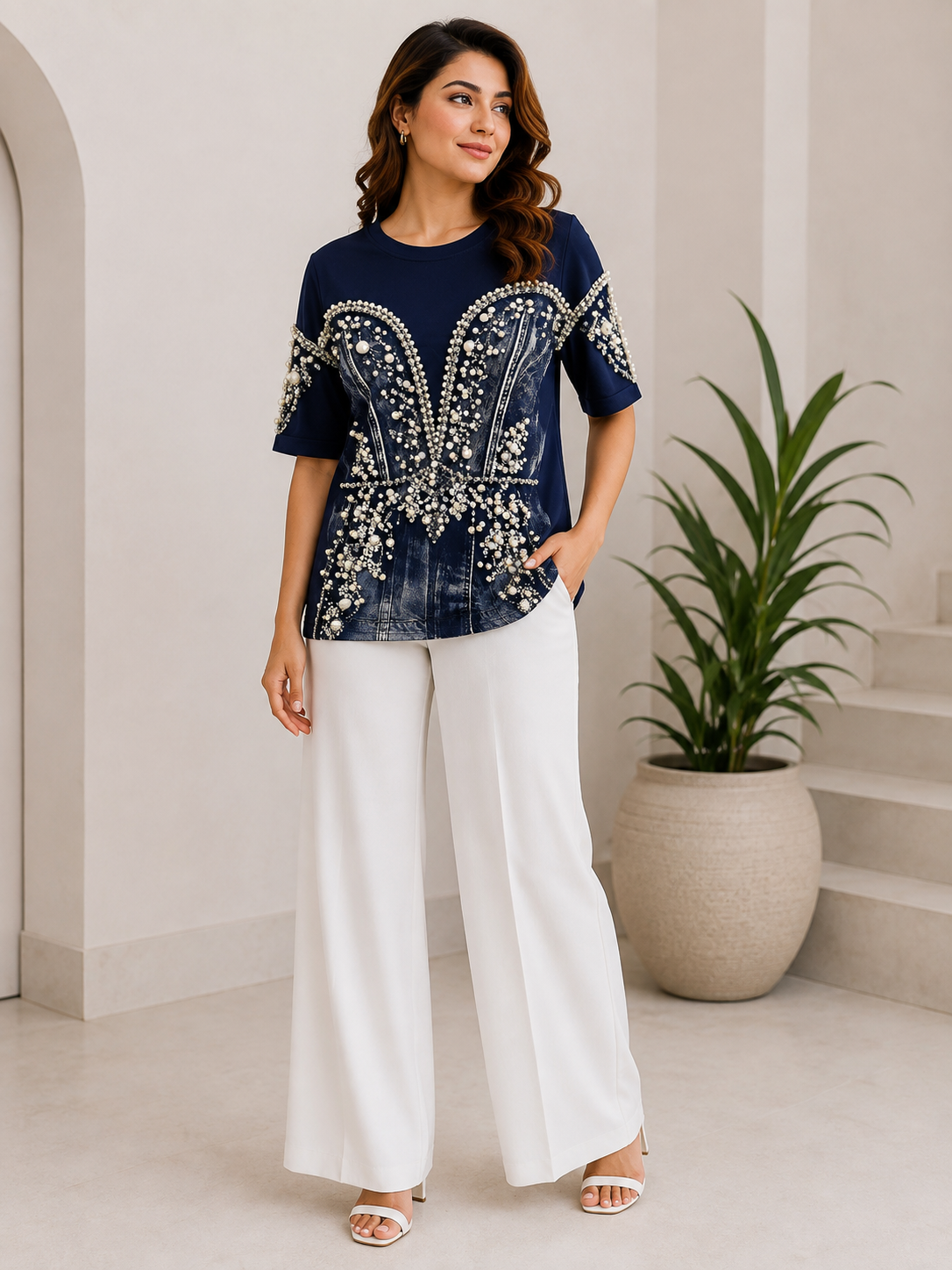 Navy Blue Pearl Embellished Designer T-Shirt