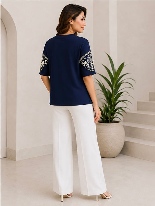 Navy Blue Pearl Embellished Designer T-Shirt