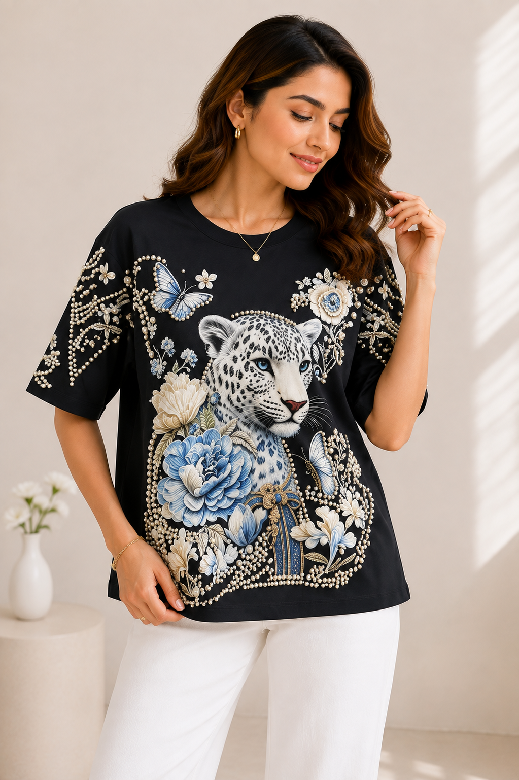 Black Leopard & Floral Embellished Designer T-Shirt