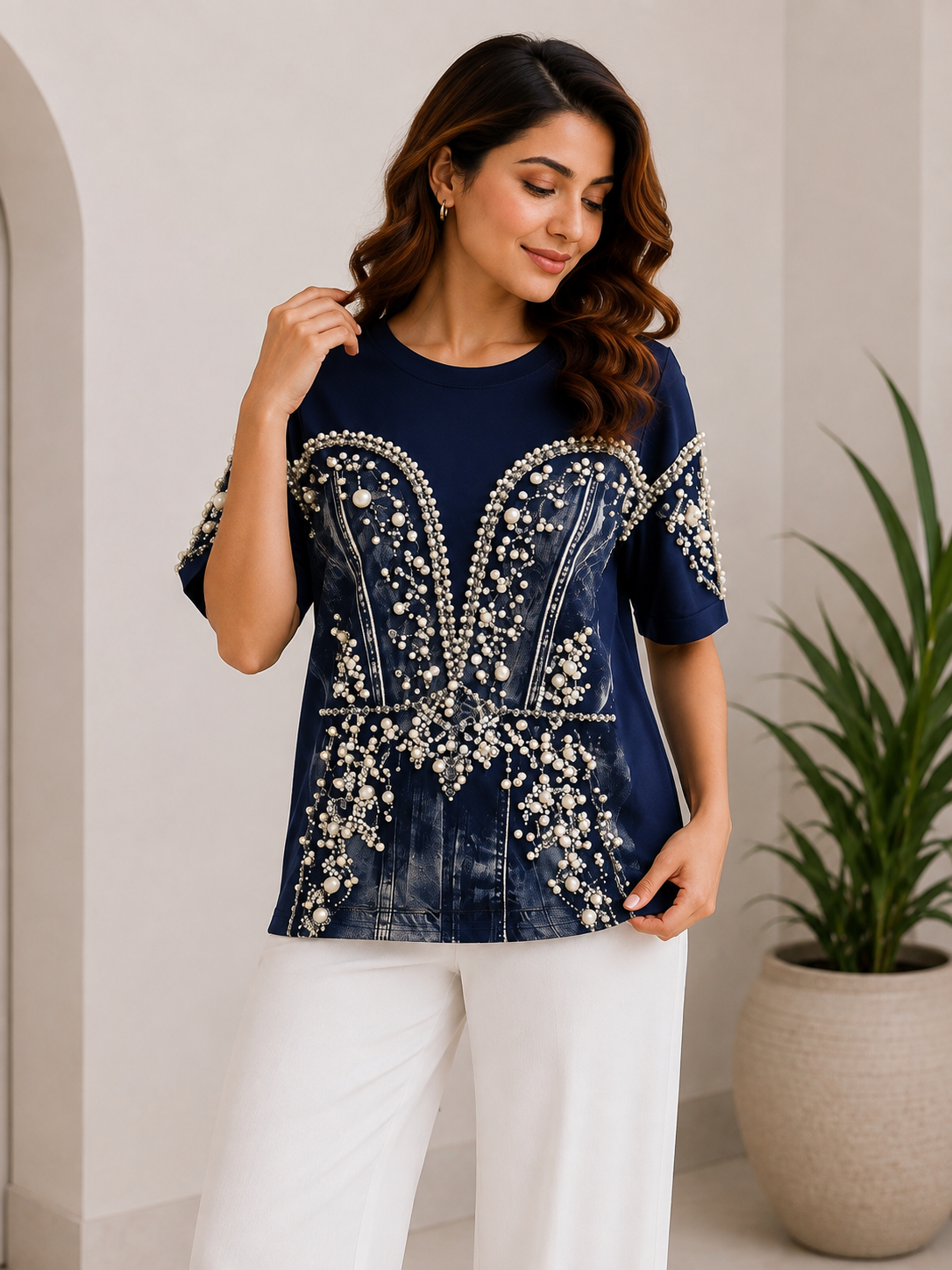 Navy Blue Pearl Embellished Designer T-Shirt