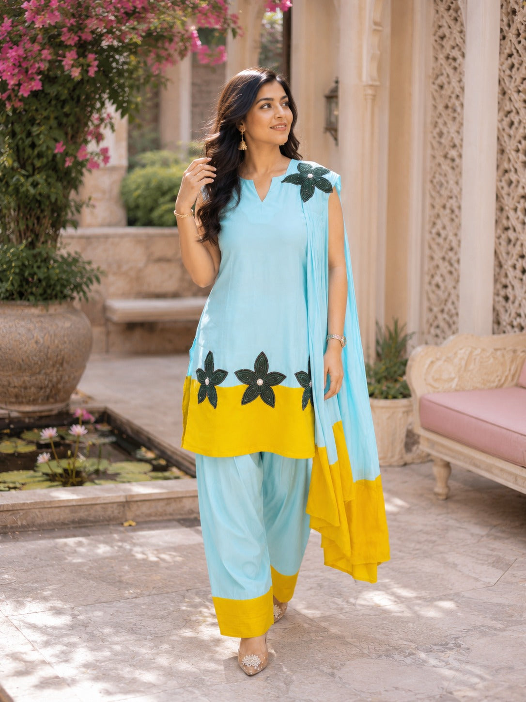 BLUE YELLOW 3PC SUIT WITH FLOWER DUPATTA