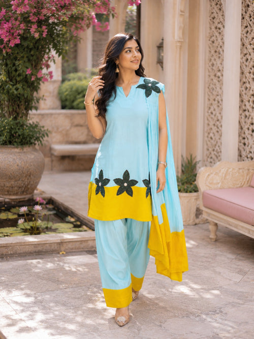 BLUE YELLOW 3PC SUIT WITH FLOWER DUPATTA