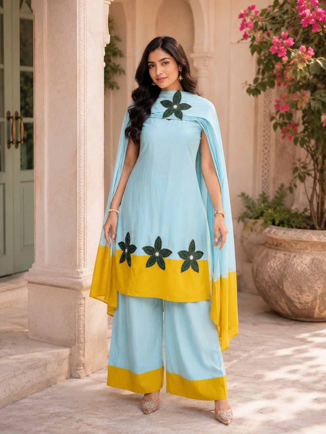 BLUE YELLOW 3PC SUIT WITH FLOWER DUPATTA