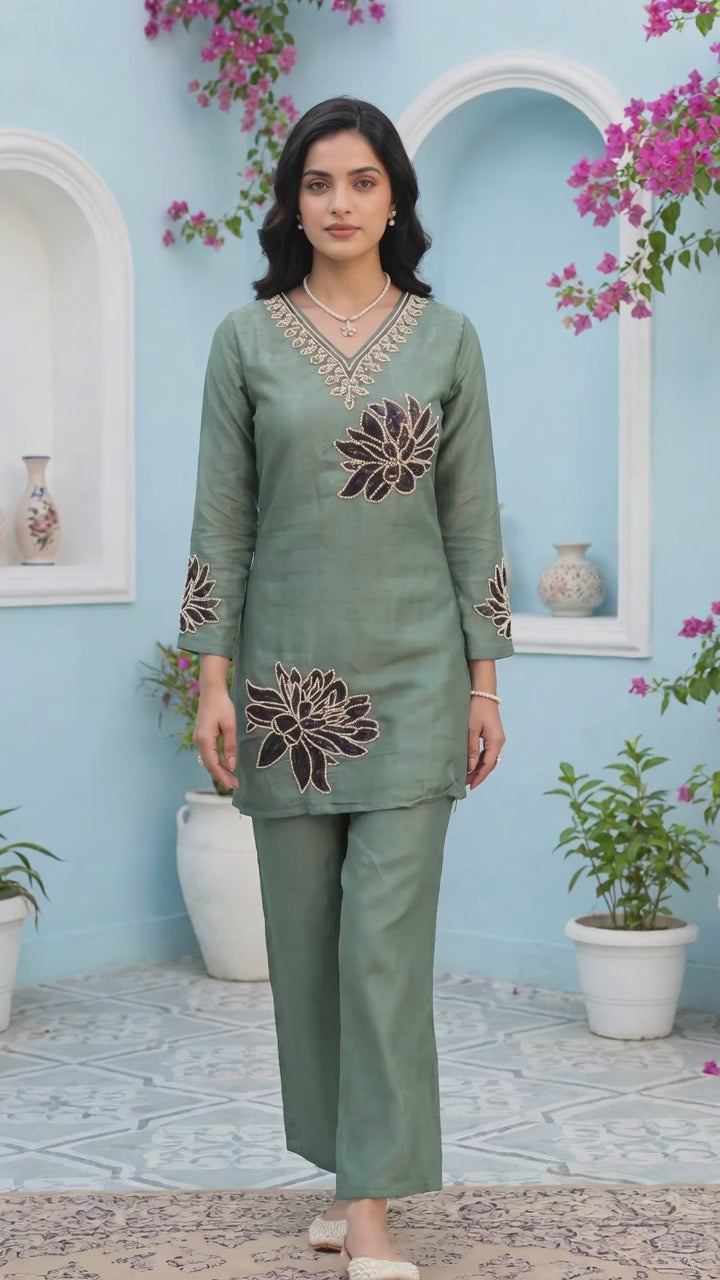 GREEN CORDSET WITH HANDWORK